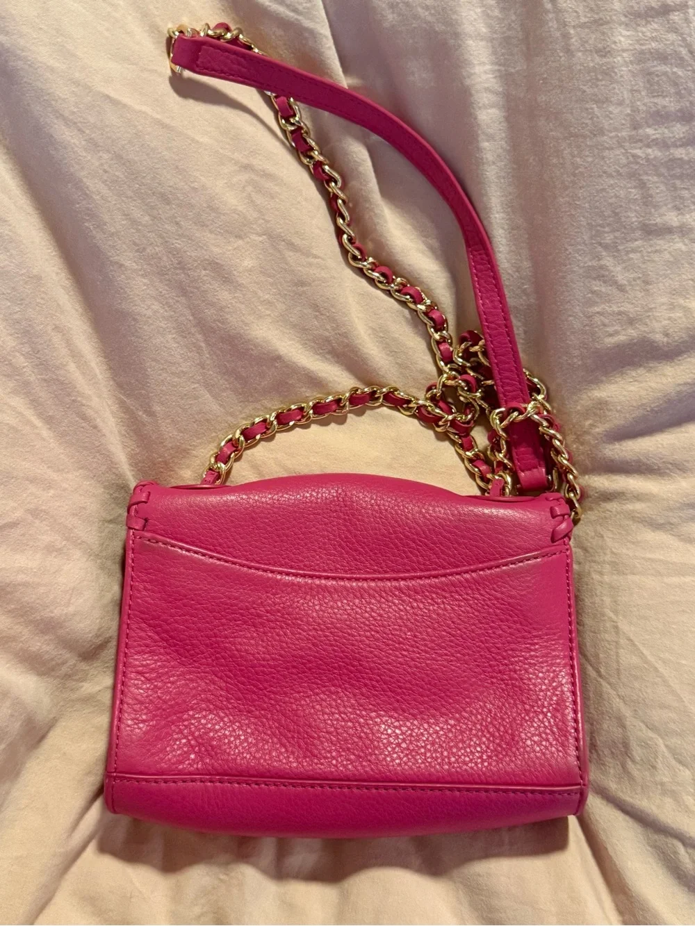 Tory Burch Mini Marion Fuchsia Leather Whipstitch Crossbody Bag with Gold Chain